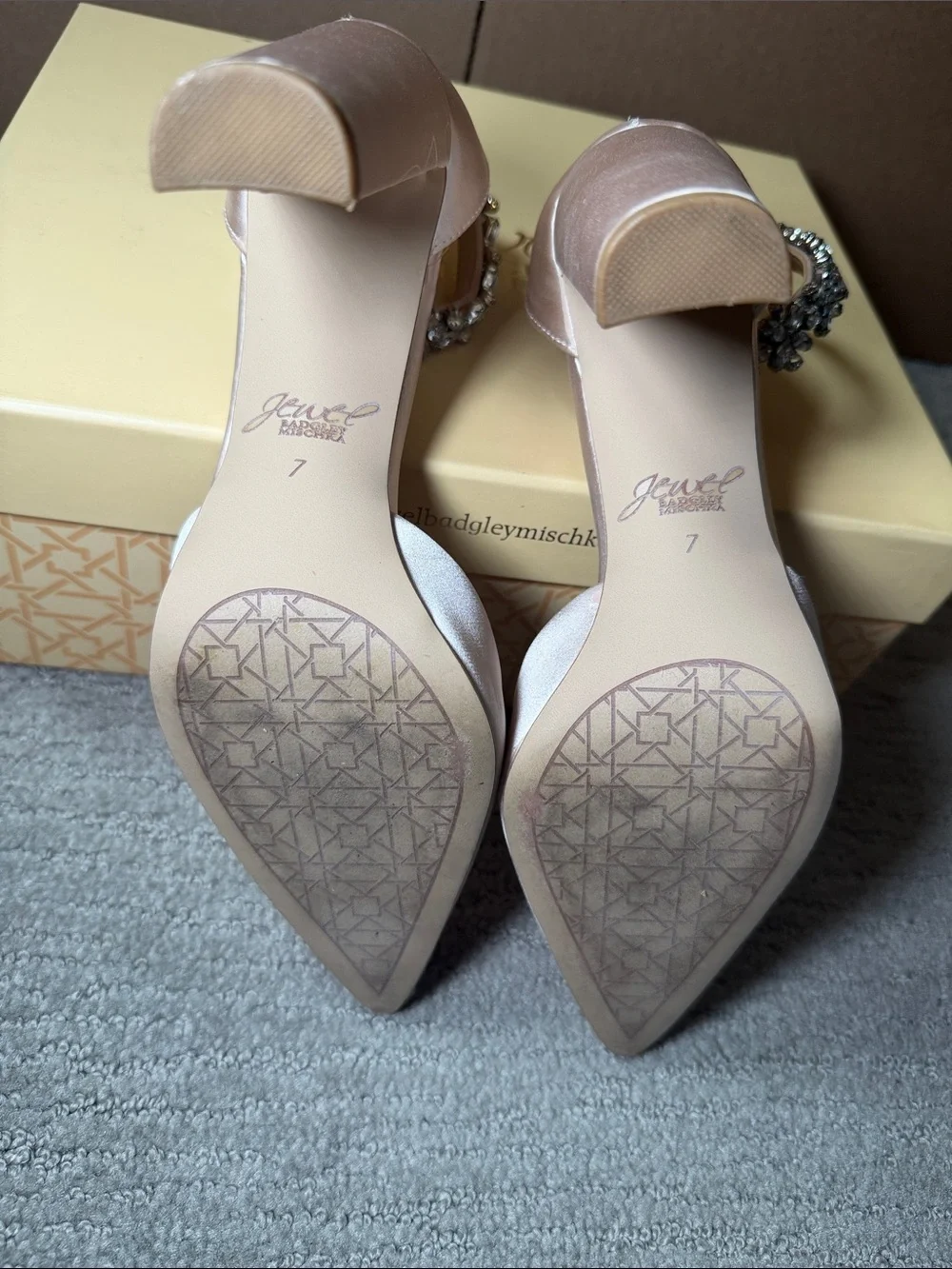 Jewel Badgley Mischka Blush Pink Satin Crystal-Ankle Heels 4 inch